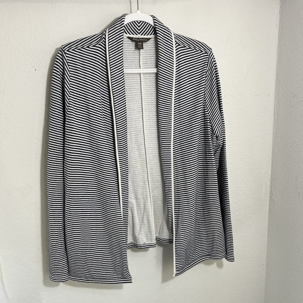 Tommy Bahama Cardigan Sweater Women's M Linen Open Front BLUE STRIPPED FLAWS